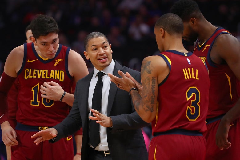 DETROIT, MI - OCTOBER 25: Head coach Tyronn Lue of the Cleveland Cavaliers talks with George Hill #3 Cedi Osman #16 and Tristan Thompson #13 while playing the Detroit Pistons at Little Caesars Arena on October 25, 2018 in Detroit, Michigan. Detroit won the game 110-103. NOTE TO USER: User expressly acknowledges and agrees that, by downloading and or using this photograph, User is consenting to the terms and conditions of the Getty Images License Agreement. (Photo by Gregory Shamus/Getty Images)